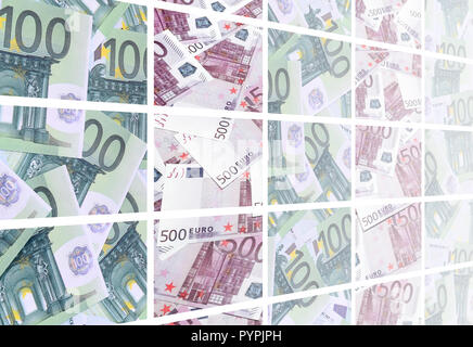 Un collage di molte immagini di centinaia di dollari ed euro bills giacente in una pila Foto Stock