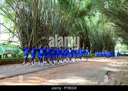 I bambini della scuola di marching pratica sotto gli archi di bambù di fronte i Giardini Botanici a Bingerville vicino a Abidjan in Costa d Avorio Foto Stock