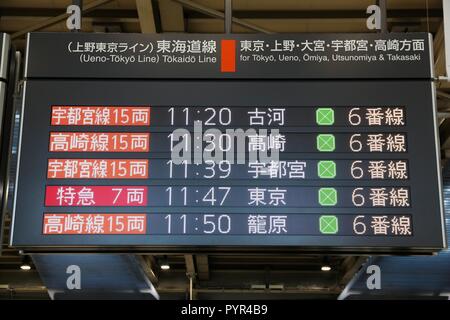 TOKYO, Giappone - 3 dicembre 2016: orari dei treni alla stazione di Shinagawa a Tokyo. La stazione è stata utilizzata da 335,661 passeggeri ogni giorno nel 2013. Foto Stock