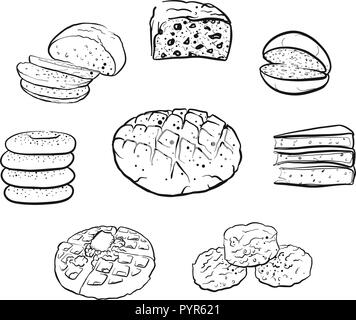 Set di disegnato a mano le icone di pane. Contorno nero disegni vettoriali. Illustrazione Vettoriale