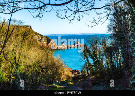 Lunga vista di Meadfoot Beach in South Devon, Regno Unito. Foto Stock