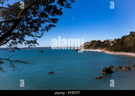 Lunga vista di Meadfoot Beach in South Devon, Regno Unito. Foto Stock