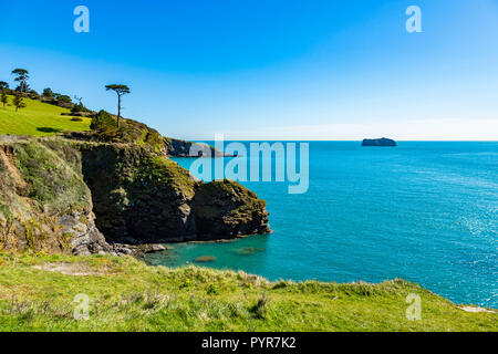 Lunga vista di Meadfoot Beach in South Devon, Regno Unito. Foto Stock