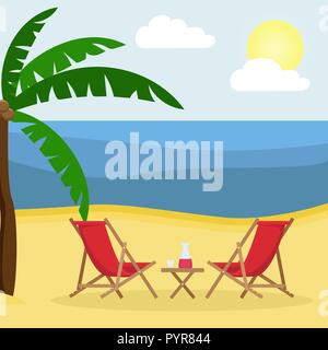 Due lettini con ombrellone sulla spiaggia sabbiosa con palme. Illustrazione Vettoriale. Illustrazione Vettoriale