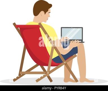 Un uomo in un lettino lavorando a un computer portatile. Il lavoro remoto, freelance. Illustrazione Vettoriale. Illustrazione Vettoriale