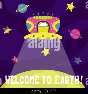Vettore di fumetto illustrazione piatta con una nave aliena. Benvenuti in terra! Illustrazione Vettoriale