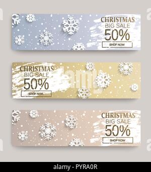 Natale grande vendita banner con i fiocchi di neve su frosty modello di disegno. 50 percento di sconto carte per il web, poster, volantini, annunci pubblicitari, promozioni, blog, social media, marketing. Illustrazione Vettoriale. Illustrazione Vettoriale