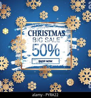 Natale grande vendita banner in oro con cornice quadrata e fiocchi di neve pupazzo di neve sulla finestra. 50 percento di sconto card per il web, poster, volantini, annunci pubblicitari, promozioni, blog, social media, marketing. Illustrazione Vettoriale. Illustrazione Vettoriale