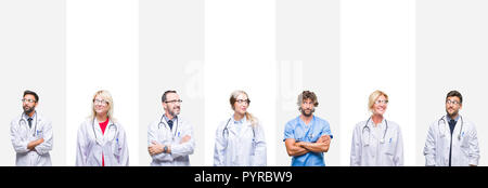 Collage di professionisti medici su strisce di sfondo isolato sorridente cercando lato e lo sguardo lontano pensando. Foto Stock