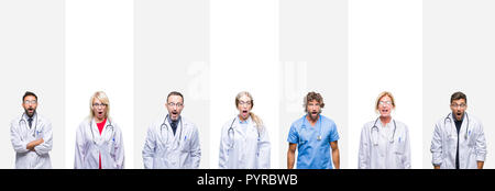 Collage di professionisti medici su strisce di sfondo isolato paura e scioccato con sorpresa di espressione, paura ed entusiasti di faccia. Foto Stock