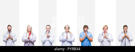Collage di professionisti medici su strisce di sfondo isolato a pregare con le mani insieme per chiedere perdono a sorridere fiducioso. Foto Stock