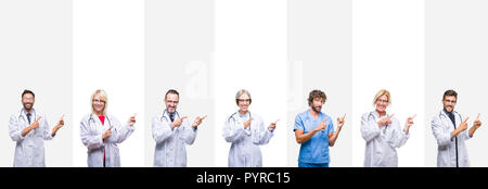 Collage di professionisti medici su strisce di sfondo isolato sorridente e guardando la fotocamera con le due mani e le dita per lato. Foto Stock