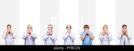 Collage di professionisti medici su strisce di sfondo isolato scioccato che copre la bocca con le mani per errore. Concetto di segreto. Foto Stock