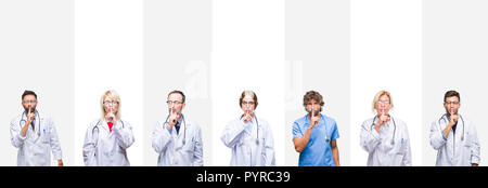 Collage di professionisti medici su strisce di sfondo isolata chiedendo di essere tranquillo con il dito sulle labbra. Il silenzio e il segreto del concetto. Foto Stock