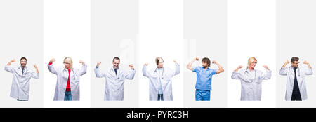 Collage di professionisti medici su strisce di sfondo isolato che mostra i muscoli di armi sorridente fieri. Concetto di fitness. Foto Stock