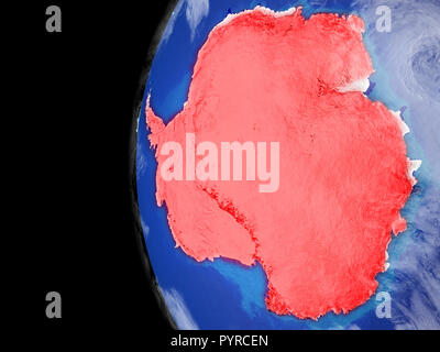 L'Antartide dallo spazio sul modello del pianeta terra con molto particolareggiato pianeta superficie e nuvole. Continente evidenziata in rosso. 3D'illustrazione. Elementi o Foto Stock