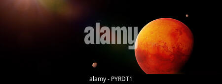 Il pianeta rosso marte con esso lune Phobos e Deimos Foto Stock