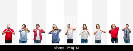 Collage di diverse etnie i giovani sulle strisce bianche sfondo isolato sorridente in amore che mostra il simbolo del cuore e la forma con le mani. Romantico c Foto Stock