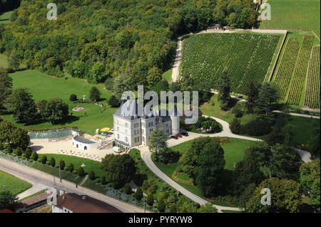 Bligny (nord-est della Francia). Paesaggio rurale e i vigneti che circondano il castello del villaggio.Caption locale *** Foto Stock