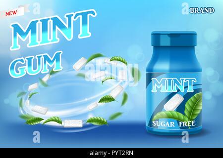 Realistico mint gum poster annunci gratuiti per il tuo design. Pacchetto di gomma prodotto con foglie di menta. Vettore 3d illustrazione Illustrazione Vettoriale