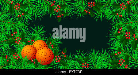 Anno nuovo, Natale, vacanze invernali. Banner, invito, flyer. Cornice fatta di abete e di agrifoglio rami. Pomanders - arancione e chiodi di garofano. Sfondo verde scuro. Il layout orizzontale. Foto Stock