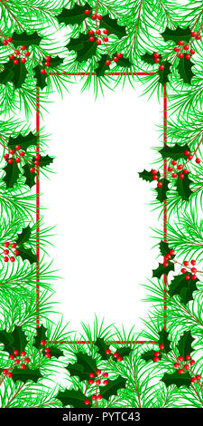 Anno nuovo, Natale, vacanze invernali. Banner, invito, flyer. Cornice fatta di abete e di agrifoglio rami. Sfondo bianco. Il layout verticale. Foto Stock