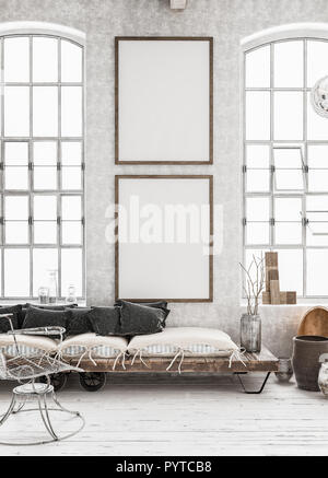 Due verticali mock-up manifesti in squallido sfondo interiore, stile scandinavo, 3D render Foto Stock