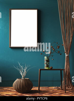 Mock-up telaio in soggiorno con la corda tende e bouquet di ramo sul tavolo, 3D render Foto Stock