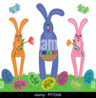 Conigli di pasqua che trasportano fiori e cesto con uova di Pasqua. Illustrazione Vettoriale Illustrazione Vettoriale