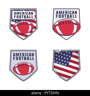 Il football americano emblemi logo set. Stati Uniti d'America sport raccolta dei badge in appartamento stile colorato. Carino logotipi design con palla e america bandiera. Stock insignias vettore isolato su sfondo bianco Illustrazione Vettoriale