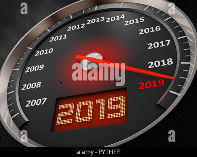 Il tachimetro indica 2019 e l'iscrizione sullo schermo. 3D render Foto Stock