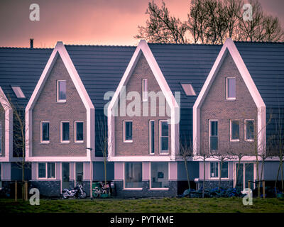 Riga della moderna libere identiche case permanente nei Paesi Bassi al tramonto colori vintage Foto Stock