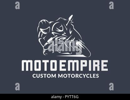 Moto Racing logo su sfondo nero. Vettore di Superbike emblema monocromatica. Illustrazione Vettoriale