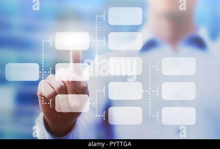 Concetto mindmap, uomo d affari selezionando il blocco alla lo schema della gerarchia, gestione dell organizzazione organigramma Foto Stock