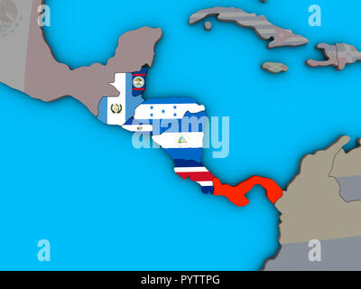 America centrale con embedded bandiere nazionali sulla politica blu globo 3D. 3D'illustrazione. Foto Stock
