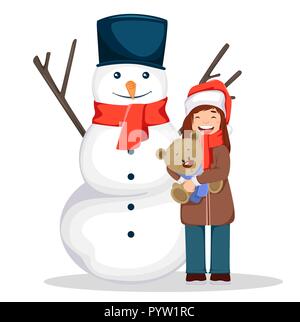 Auguri di Buon Natale. Ragazza carina a Santa Claus hat holding orsacchiotto e piedi vicino pupazzo di neve, personaggio dei cartoni animati. Utilizzabile per biglietto di auguri, poster, flyer Illustrazione Vettoriale