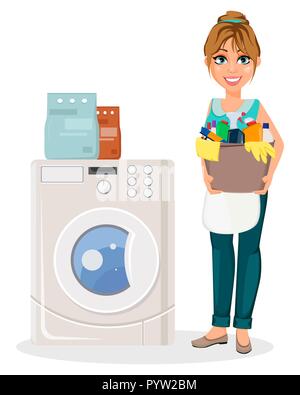 Felice casalinga. Allegro madre, donna bella. Personaggio dei fumetti lava vestiti in lavatrice. Illustrazione Vettoriale su sfondo bianco. Illustrazione Vettoriale
