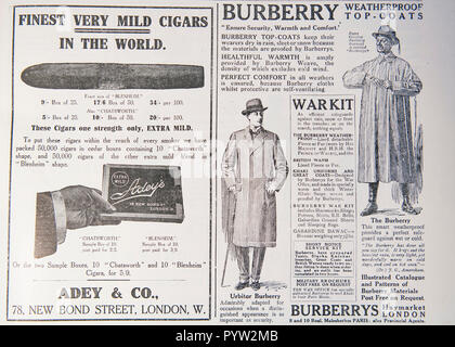 Vecchio Adey & Co i sigari e i capi di abbigliamento Burberry. Da una rivista britannica durante il periodo 1914-1918. Inghilterra REGNO UNITO GB Foto Stock