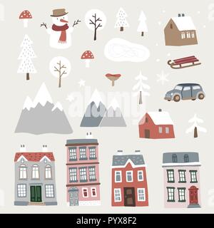 Set di grazioso paesaggio di Natale, città e villaggio icone. Disegnata a mano case, montagne, pupazzo di neve e alberi. Inverno isolati oggetti vettoriali, design piatto. Illustrazione Vettoriale