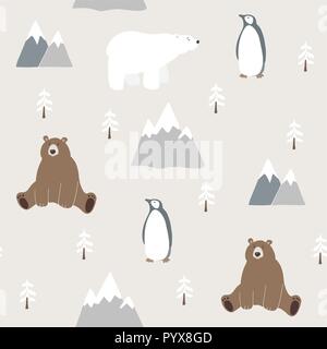 Carino festa di Natale seamless pattern con orso, orso polare, penguin, abeti e montagne. Disegnata a mano i ragazzi del design nordico. Inverno illustrazione vettoriale sfondo. Illustrazione Vettoriale