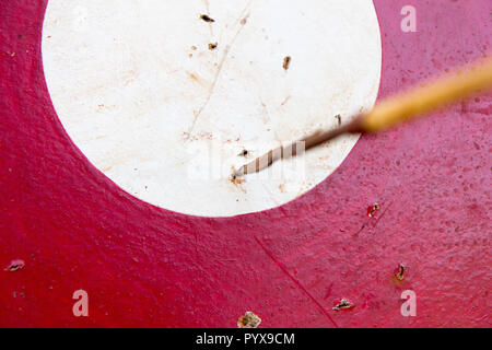 Una freccia con una testa metallica (spike) girato a destra al centro di un bersaglio in legno Foto Stock