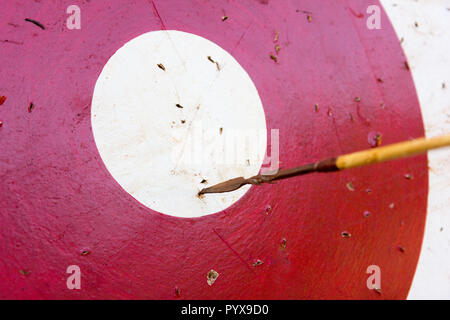 Una freccia con una testa metallica (spike) girato a destra al centro di un bersaglio in legno Foto Stock