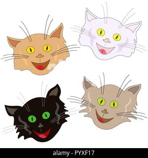Set di quattro divertente allegro cat volti come maschere isolate su uno sfondo bianco, cartoon illustrazione vettoriale Illustrazione Vettoriale