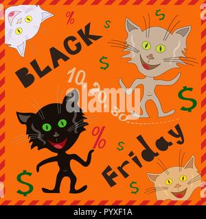 Divertente caricaturale gatti divertenti annunciando un Venerdì nero, cartoon illustrazione vettoriale con sfondo arancione Illustrazione Vettoriale