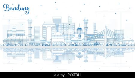 Outline INDONESIA Bandung skyline della città con edifici blu e riflessi. Illustrazione Vettoriale. Viaggi di affari e turismo Concept Illustrazione Vettoriale