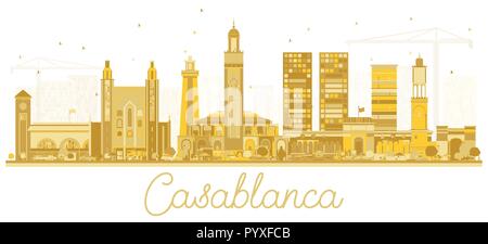 Casablanca in Marocco dello skyline della città con silhouette di edifici d'oro. Illustrazione Vettoriale. Viaggi di affari e di turismo con il concetto di architettura storica. Illustrazione Vettoriale