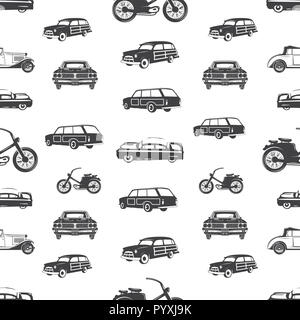 Trasporto Surf seamless pattern. Surf retrò auto, moto sfondo in stile monocromatico. Vintage disegnati a mano concetto. Illustrazione Stock isolato su bianco Foto Stock