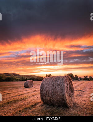 Balle di fieno in un campo con un luminoso tempestoso tramonto in un campo di Hampshire mostra prodotto mietuto Foto Stock