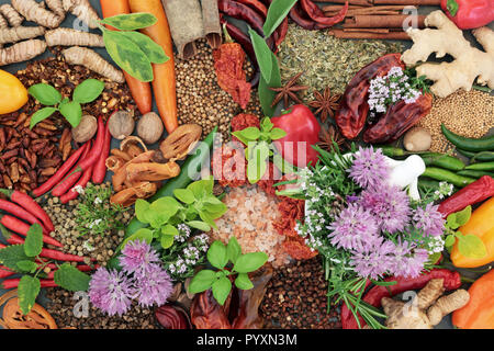 Spezie ed erbe condimento alimentare raccolta con fresche Essiccate e le spezie e le erbe sfuse e in un mortaio con pestello. Vista dall'alto. Foto Stock