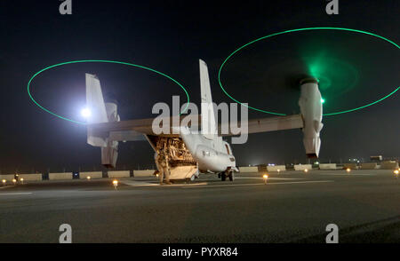 CAMP ARIFJAN, Kuwait - U.S. Marine Corps MV-22 Osprey tiltrotor equipaggio stati prepara per gli Stati Uniti Esercito centrale (ARCENT) medico soldati per cominciare la loro formazione sul carico e lo scarico di una figliata su 25 Ottobre 2018. (U.S. Foto dell'esercito da Staff Sgt. Matteo Keeler) Foto Stock